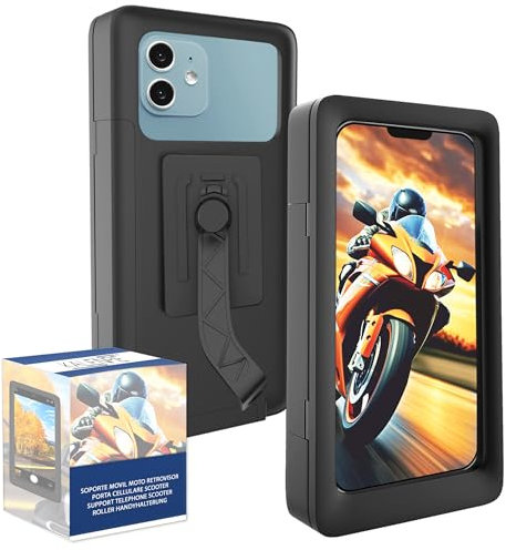 Soporte movil Moto retrovisor Scooter Impermeable funda Resistente al Agua con Ventana Trasera y Fijacion Solida al Retrovisor Apta para smartphones de hasta 7.5 Protección Completa y Sujecion Firme