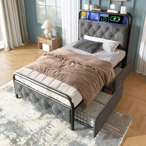 Merax Polsterbett Metallbett 90x200cm mit 2 Schubladen, LED-Beleuchtung, Ladefunktion, Lagerregal, Einzelbett Bettgestell, Stabil Metallrahmen, Stauraumbetten, Jugendbett, Samt, ohne Matratze, Grau