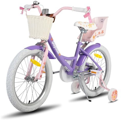 JOYSTAR Einhorn 18 Zoll Kinderfahrrad für 6-9 Jahre Mädchen, Kinderfahrrad mit Puppenfahrradsitz & Stützrädern& Korbstreamer,helles Violett