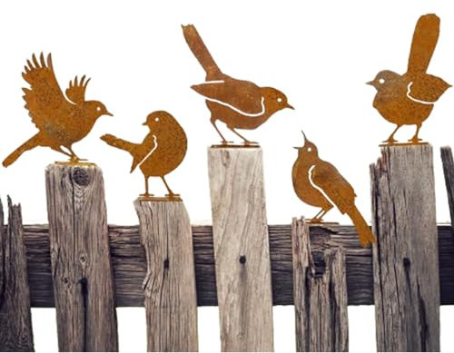 Oiseaux Rouillés, 5 Pièces Décoration de Jardin en métal pour Oiseaux Patine Rouille Naturelle Statue de Jardin Jardin Décoration Fleur Rétro pour clôture extérieure Salon Balcon (A)