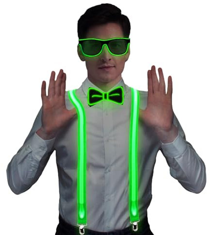 FORMIZON 3 Stück LED-Leucht-Hosenträger, Leuchtende Herren-LED-Hosenträge, LED Rave Outfit 3er Set, Verdrahtet Neon Rave Brille, LED Fliege für Musik Festival, Partybrille, Karneval (Grün)