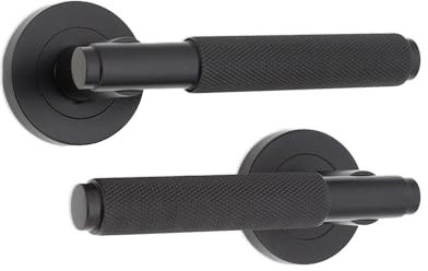 Infinity Decor Matt Black Knurled Lever Door Pull Handles on Sprung Rose Latch Pack - for Interior & Exterior Wooden Doors