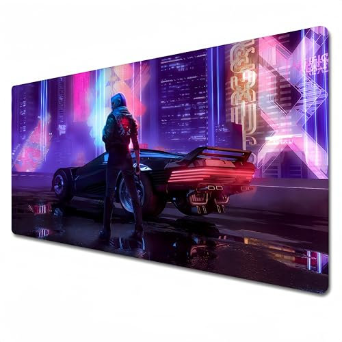 Cyberpunk Tapis de souris | Tapis de souris de jeu RVB | XXL 900 x 400 | Grand tapis de bureau | Bords cousus | Imperméable – Antidérapant (A04, XXL)