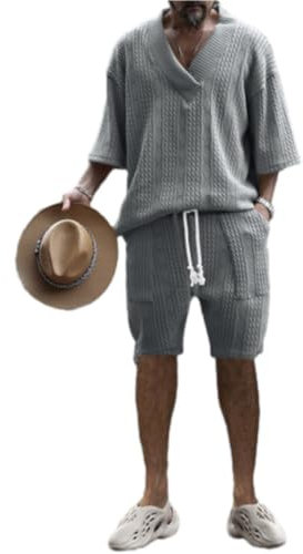 Freizeitset Herren All-Match Trend Lose 2 Stück Shirt Set Kurzarm Temperament Mode Poloshirt Herren Das Neue Revers T-Shirts Kurze Hose Freizeitanzug D-Dark Grey1 3XL