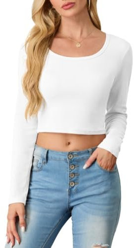 PrinStory Sweatshirts For Women Cotton Crop Tops Slim Fit Round Scoop Neck Y2K Tshirts Elegant Long Sleeve Tops Basic Blouse Tee Outfit Streetwear (White, L)