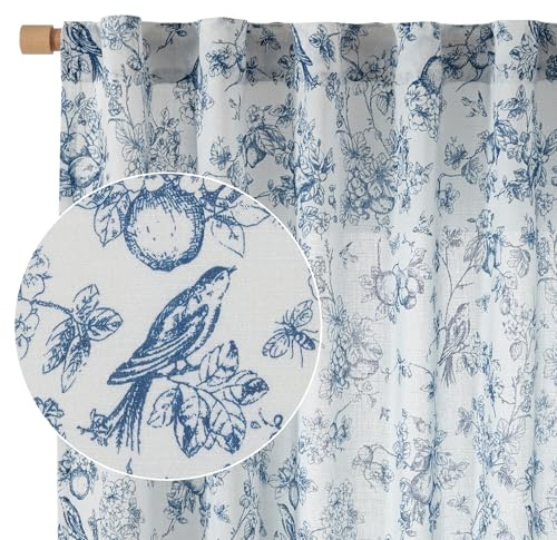 Vangao Leinen-Vorhänge mit Blumenmuster für Wohnzimmer, 160 cm Länge, Toile, blau-weiße Vorhänge, französische Landhaus-Rückseite, Lichtfilterung, Bedruckt, Schlafzimmer, Dekoration, Stangentasche