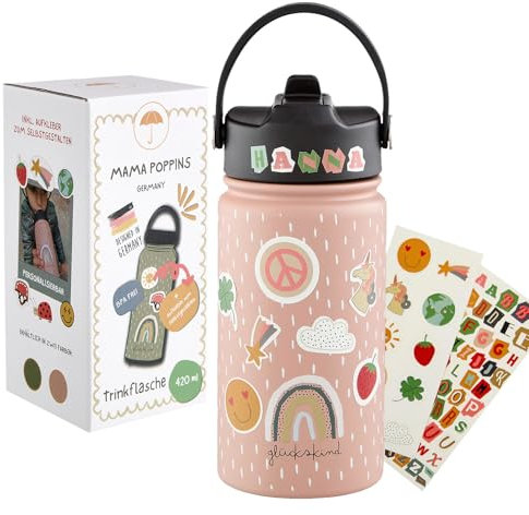 Botella infantil de acero inoxidable de 420 ml con pajita, a prueba de fugas y sin BPA, apta para niños a partir de 3 años, apta para lavavajillas (rosa)