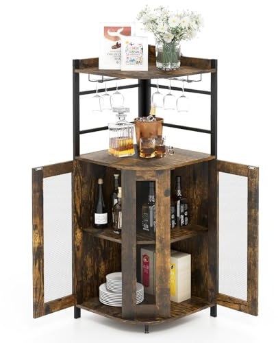 GOPLUS Weinbarschrank mit Glashalter, Eck-Barschrank mit 2 Türen, Weinschrank mit verstellbarem Regal, Küchenschrank für Küche & Esszimmer (Rustikales Braun)