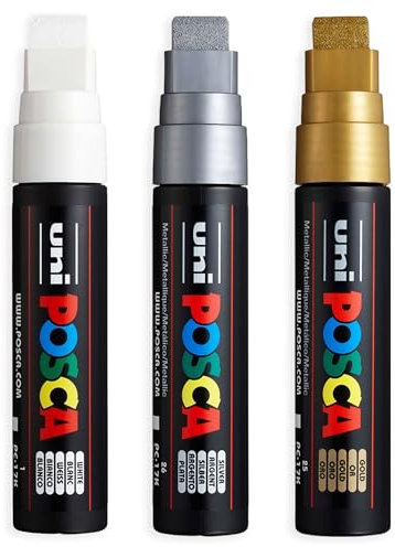 Posca PC-17K Water Based Permanent Marker Paint Art Pens – 15mm Chisel Tip - White, Gold and Silver - Pack of 3