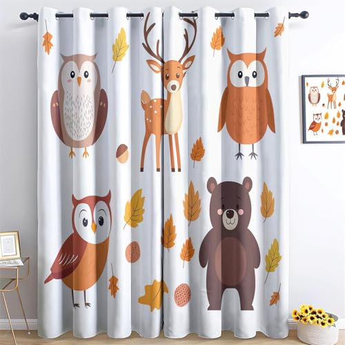 Blickdichte Vorhänge Cartoon Waldtiere Eule Gardinen mit Ösen für Farbe Muster Gardinen mit Ösen Thermovorhang für H215x B110 cm (2er Pack)