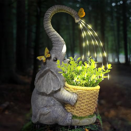 Elephant Solar Garden Ornaments Outdoor Statue with Plant Pot Lifelike Resin Lawn Decor Figurine for Yard Art Garden Decorations Gifts for Women
