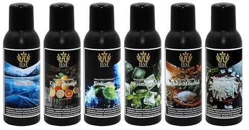 HAF® Saunaaufguss Konzentrat Set Kühle Erfrischung | 6 x 100 ml Saunaduft mit Blue Eis, Citro Orange, Eislimone, Menthol, Eisminze, Euka Menthol | Saunaöl aus 100% natürlichen ätherischen Ölen