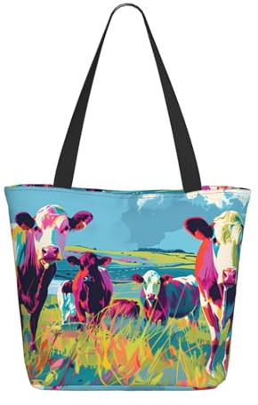 Buewutiry Reisetasche für Damen, Arbeit – leichte Pop-Art, bunte Kühe, Umhängetasche, Krankenschwestertasche, Strandhandtaschen für Damen, modische große Tragetasche für Frauen mit Reißverschluss