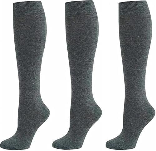 CHAAL® 3 Knee High Socks Ladies Plain Cotton Blend Knee High Socks Girls Knee High Plan socks Uniform Party Wear Long Socks Girls UK 6-9 Grey KH