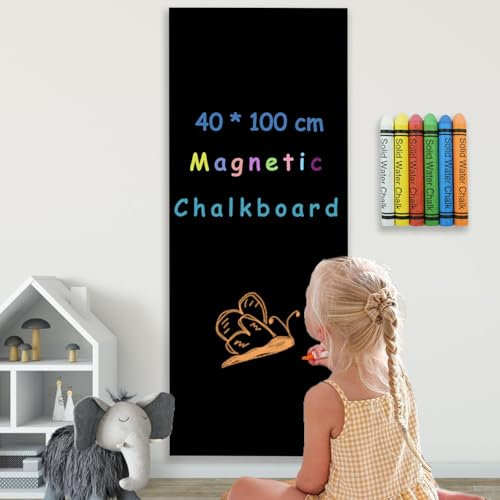 Umtiti 40 x 100 cm Magnetische Kreidetafel, Kontaktpapier für Wand, abziehen und aufkleben, selbstklebende Tafel, Wandaufkleber, Rolle mit 6 Kreiden für Zuhause, Schule, Rechteckig, Schwarz, 40100BK