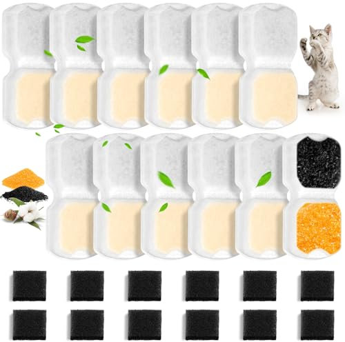 Teokantz 12 Stück Filter Katzenbrunnen für Giotohun S11, S11-pro, S11-plus, S11-pluspro (Modell) 2,2L und 3,2L Trinkbrunnen für Katzen, 12 Filter Trinkbrunnen Katzen und 12 Schwämme für Pumpe