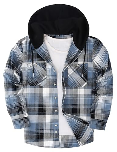 AIEOE Herrenhemd Karomuster Langarmhemd Button Down Flanellhemden mit Kapuze Karohemd L