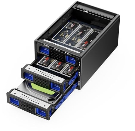 Boîtier hybride 3.5/2.5 SATA HDD/SSD+6 x M.2 NVMe avec ventilateur, boîtier de disque dur USB 3.2 10 Gbps prend en charge 2230/42/60/80/110 M-Key/M+B Key SSD avec USB CC et câble AC, capacité de 70 To