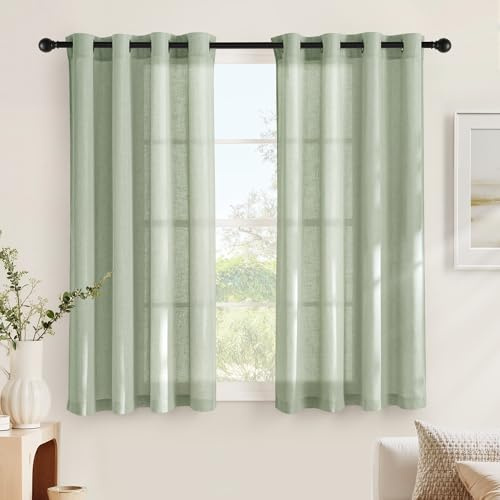 NICETOWN Kurzgardine Halbtransparent Vorhänge mit Ösen Gardine Grün | Graugrün, H160xB140cm, 2er Set, Boho Vorhang, Kurze Leinenvorhang Halbdurchlässig, mit Ösen für Küche und Schlafzimmer