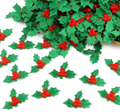 100 Pcs Mini Christmas Holly Berries Embellishment,Greens Leaf Sequins Confetti 3.5cm,Christmas Craft Supplies,Sequins Holly Berries Artificial Holly Leaves for christmas Card,Gift Tags,Table Decor