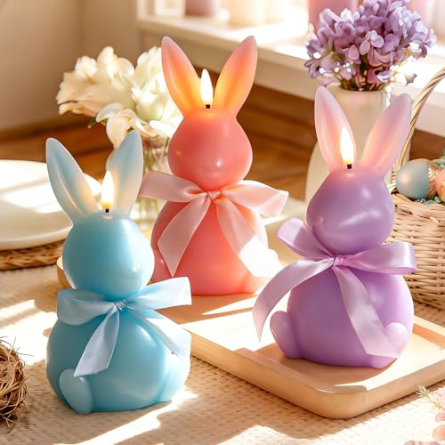 Lanpn 3 Pcs Easter Bunny Flameless Candles, Battery Operated Led Candle Light with Remote, Real Wax Rabbit Shaped Candle Gift, 3D Flickering Flame, Easter Party Spring Home Decor, Pastel, 10x18.5 cm