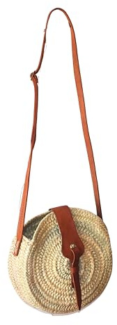 ZocoChic Sac rond en palmier naturel, poignées en cuir marron, 28 cm, artisanal marocain