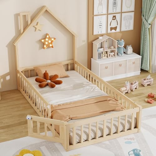 Lcoho Hausbett, 90 x 200 cm, Kinderbett mit Schornsteinform, Bett mit Lattenrost (ohne Matratze), Kiefernholz, Minimalistischer Stil, Natur