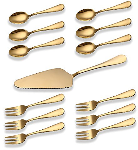 Berglander Juego de porción de pastel de acero inoxidable recubierto de titanio dorado, Servidor de tarta de pastel, Tenedor de pastel, Paquete de cuchara de té de 13