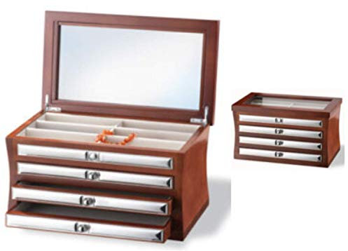 Enorme Baule Porta GIOIE Cm.30x20 H.18 con 4 LASTRE in Argento 925% a Mezzaluna in Legno Color Noce Made in Italy con 3 CASSETTI e Coperchio con Vetro su Altri 6 VANI 3575