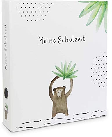OLGS Sammelordner Meine Schulzeit | Schulordner Tiere | Erinnerungsordner Schule, Zeugnismappe, Praktikum | Ordner für Kinder, Ringordner, Aktenordner mit Griffloch DIN A4 Platz für 350 Blatt - Affe