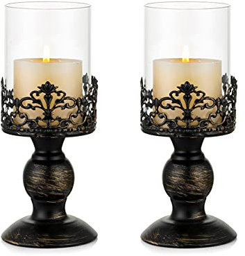 Sziqiqi Candelabros de Huracán Negro Angustiado Vintage 2 Piezas, Pedestal Metálico Versátil Base de Centro Floral de Vidrio para Fiesta Boda Decoración del Hogar Decoración de Chimenea 27cm