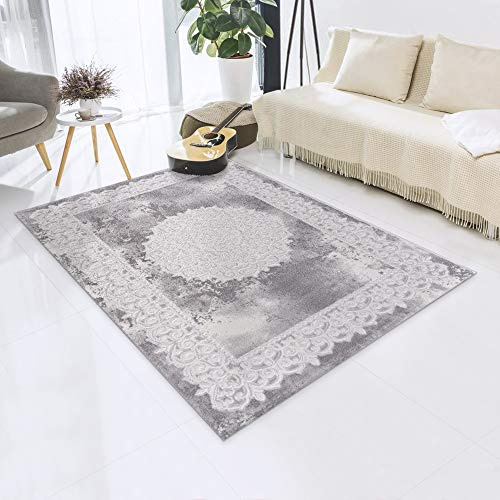 Impression Teppich Wohnzimmer Deko - Kurzflor Teppich im Vintagelook Öko-Tex zertifizierter - Hellgrau-traditionell - Größe 160x220