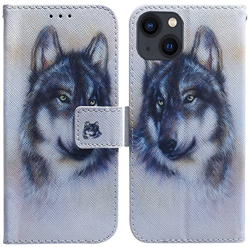 Thoankj iPhone 13 Mini Case, Shockproof Premium Slim PU Leather Flip Pouch Wallet Silicone Cover with Stand Magnetic Card Holder Slot Protective Phone Cases for iPhone 13 Mini Wolf