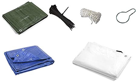 Telo Telone Pvc Impermeabile occhiellati Esterno Occhielli per mobili da Giardino Piscina Auto Camion Protezione 100 FASCETTE 10 GANCI 10mt CORDA (4X4MT, BIANCO)