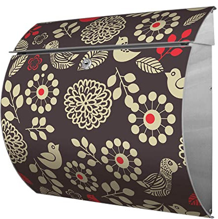 banjado® Burgwächter® Briefkasten Edelstahl mit Motiv Blumen Und Vögel/Briefkasten ohne Zeitungsfach/Edelstahl Briefkasten mit Kippdach & Öffnungsstopp, 2 Schlüssel