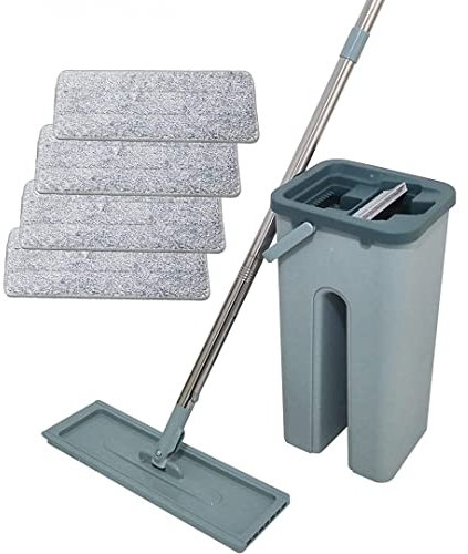 Fregona mágica – VENTEO – Escoba extra grande y giratoria 360° – Cubo de 2 compartimentos para limpieza y estorage – 4 toallitas de microfibra