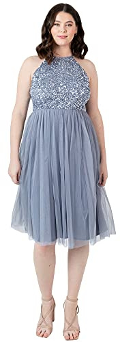 Maya Deluxe Women's Ladies Midi Dress with Halter Neck Tulle for Evening Graduation Prom Wedding Bridesmaids Ball Gown, Dusty Blue, 20 (6134-MIDIA)