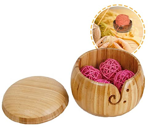 ATB-GIFT Garnschale aus Bambus, Garnschüssel mit Deckel, Wollhalter, Handgefertigte Webfadenschüssel zum Stricken/Häkeln(15 * 9.5cm)