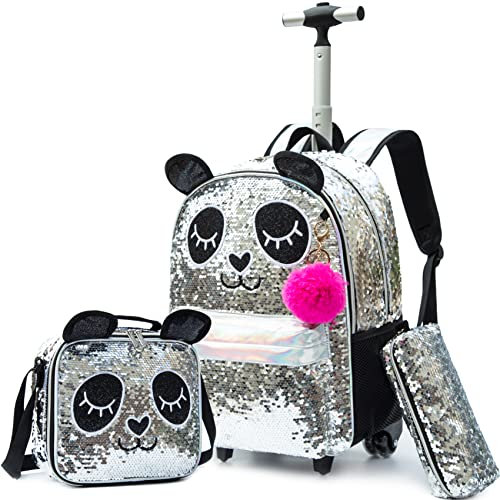 HTgroce Trolley Rucksack Kinder Mädchen,Panda Kinder Trolley Schultasche mit Rollen Rucksack Schultrolley 16inch Rucksäcke Kinder Schulrucksack Schulranzen mit Rollen Schultasche Mädchen.