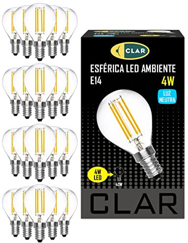 CLAR - Lampadine LED Filamento E14 4W Vintage Sfera, E14 LED Naturale, Lampadina Filamento LED E14, Lampadina LED E14 Luce Naturale, Equivalente a 30W-40W, Led 4000ºK E14, Luce Naturale (Pack 20)