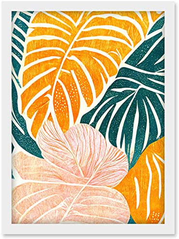 Doppelganger33 LTD Orange Pastel Pink Green Monstera Plant Leaf Boho Linocut Illustration Artwork Framed Wall Art Print A4