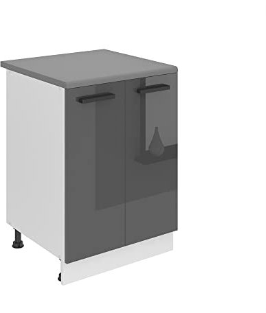 Belini Unterschrank Küche, Küchenunterschrank 60 cm Breite. SD2 Küchenunterschrank mit Arbeitsplatte. Küchenschrank mit 2 Türen, Silber Hochglanz
