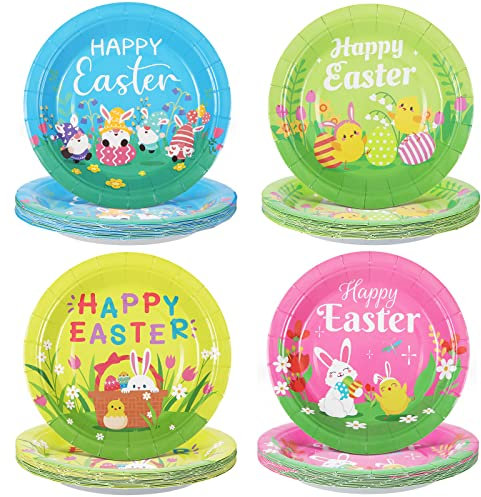 Gerrii 60 Stück Happy Easter Pappteller 17,8 cm Haseneier Einweg Ostern Party Teller Frühling Urlaub Geschirr Dekorative Dessertteller für Ostern Frühling Party Zubehör 4 Designs