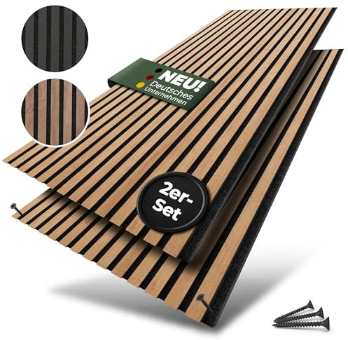 LAGELLA ® - Akustikpaneele 2er Set 120cm x 60cm (240cm x 60cm) - Hochwertige Holz Wandpaneele - inkl. Schrauben - Lamellenwand mit Filz Schalldämmung für Wohnzimmer, Büro, Garderobe (Oak-Eiche)