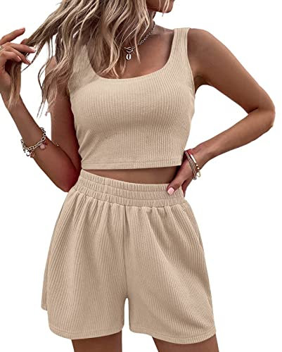FeMereina 2-teiliges Sommer-Outfit für Damen, gestrickt, ärmellos, quadratischer Ausschnitt, bauchfreies Top, Tanktop, hohe Taille, Shorts, Waffelmuster, 2-teiliges Lounge-Set, aprikose, M
