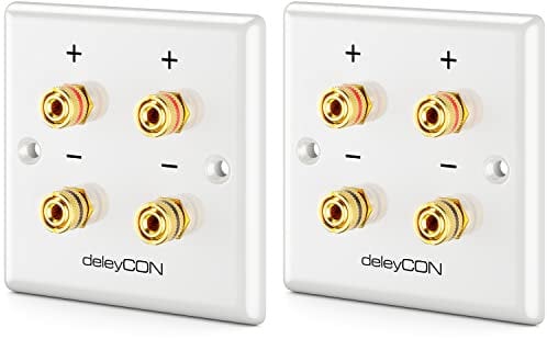 deleyCON Set of 2 Multimedia Speaker Boxes Wall Socket Wall Plate with Banana Plug Sockets for 2 Speakers (Red/Black) for Hi-Fi Surround Sound System Home Cinema Set of 2, MK5479