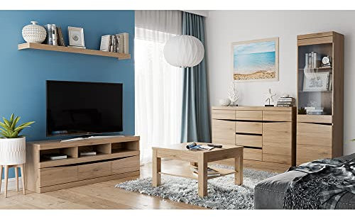 Wohnzimmer Set 5-teilig TV Lowboard Wandboard Sideboard Vitrine mit Glasboden Beleuchtung Couchtisch 75x75 cm in Eiche Nb. Wenge Nb.