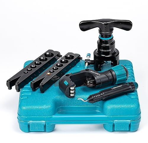 LIBRATON Flaring Tool, HVAC Flaring Tool Kit, Copper Flaring Tool | 45° Eccentric Single Flare Tool for 1/4''-3/4'' and 6-19mm with Pipe Cutter, Deburring Tool for Copper Aluminum Pipe