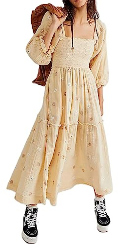 Barbotimer Women's Flower Embroidered Maxi Dress Lantern Sleeve Square Neck Tiered Flowy Spring Fall Dress