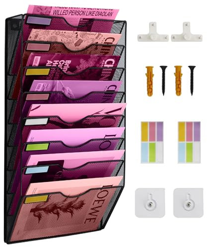 Wall Mounted Document Holder, A4 Mesh in Tray Wall Pocket File Holder Mail Organiser Magazine Storage Rack, 8 Tier Desk Tidy Stationary Organiser A4 Paper Storage for School Home and Office